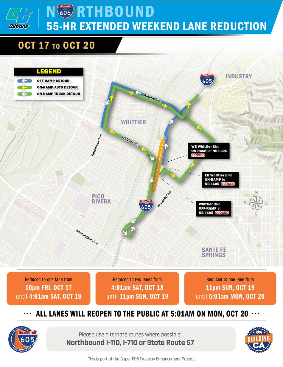 Map of extended lane closures of Interstate 605 in Whittier, California