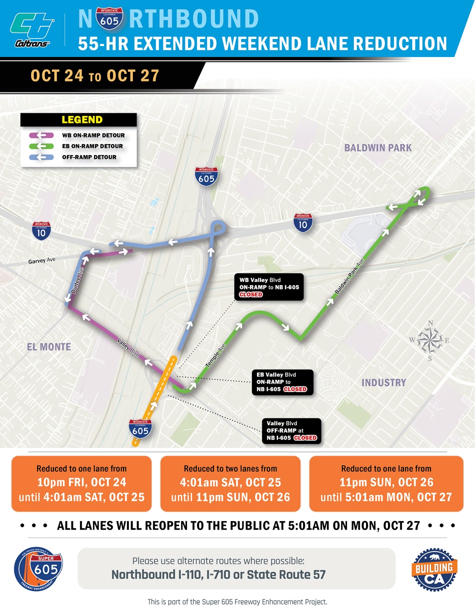 Map showing lane reductions on northbound interstate 605