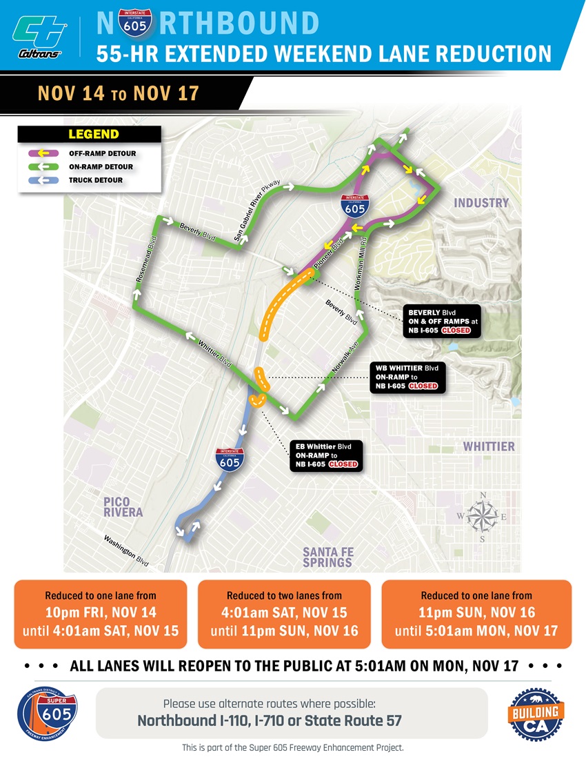 Map of California Interstate 605 closures and detour routes