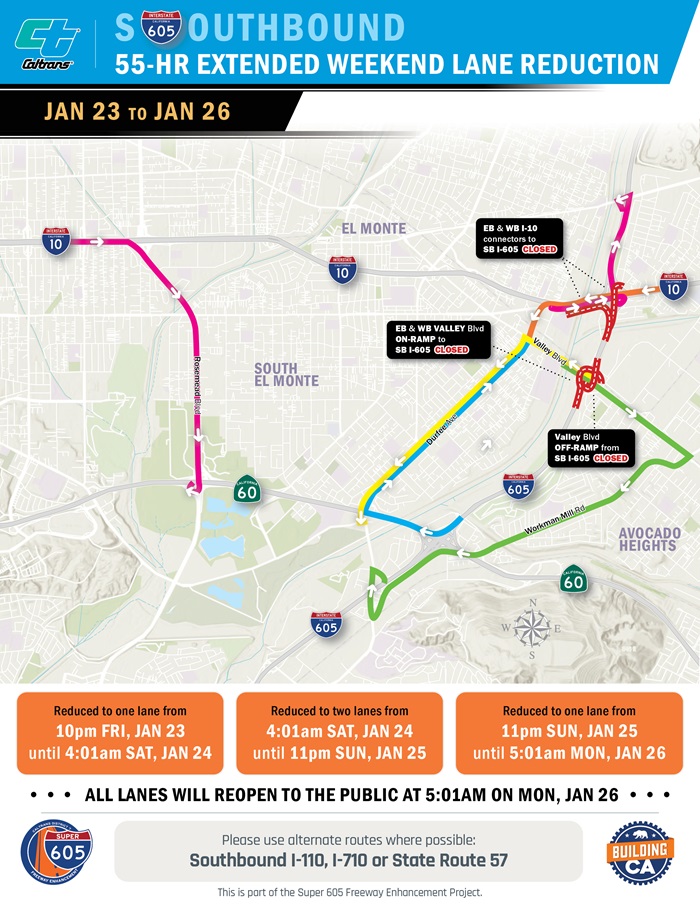 Weekend I-605 El Monte Closure map 