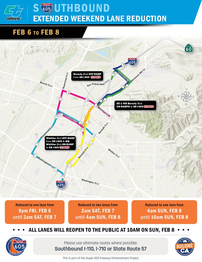 Map of California Interstate 605 Weekend Closures in Whittier
