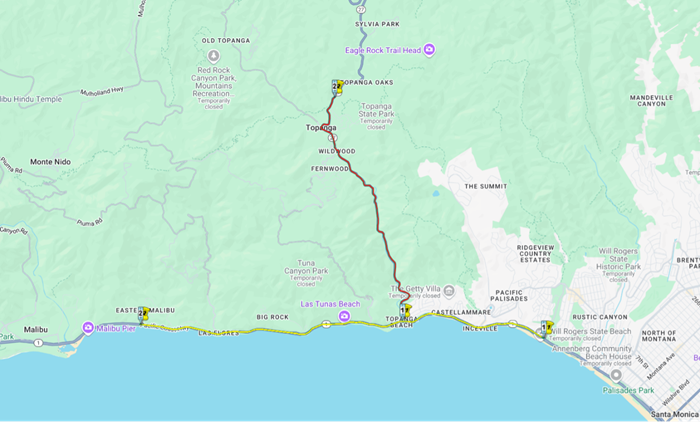 A map showing areas for Caltrans emergency repair work along Pacific Coast Highway (State Route 1) from Temescal Canyon Road to Carbon beach Terrace, and Topanga Canyon Boulevard (State Route 27) from Pacific Coast Highway to Circle Trail.