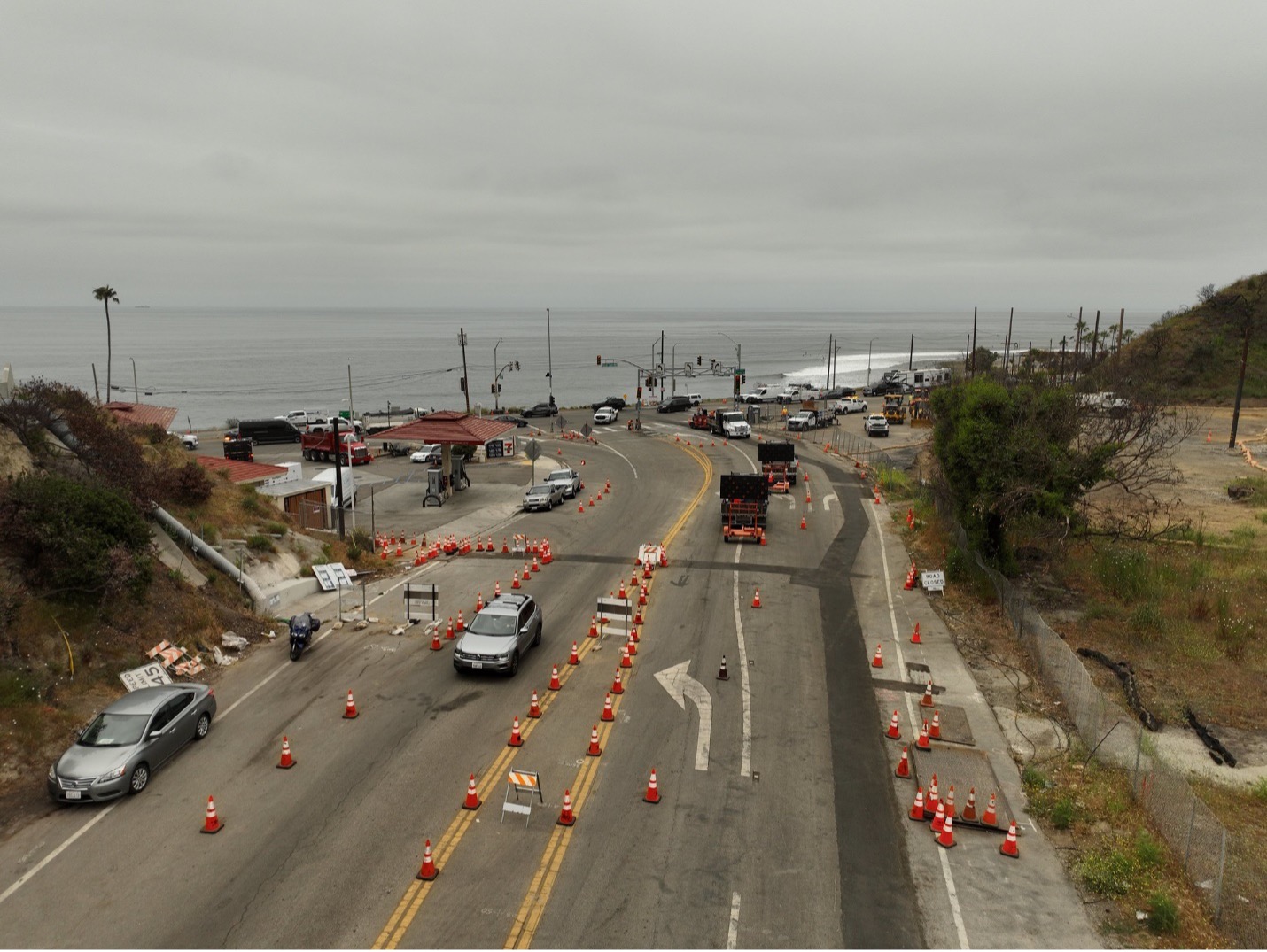 Traffic cones seen marking the lanes at the intersection of Topanga Canyon Boulevard and Pacific Coast Highway.
