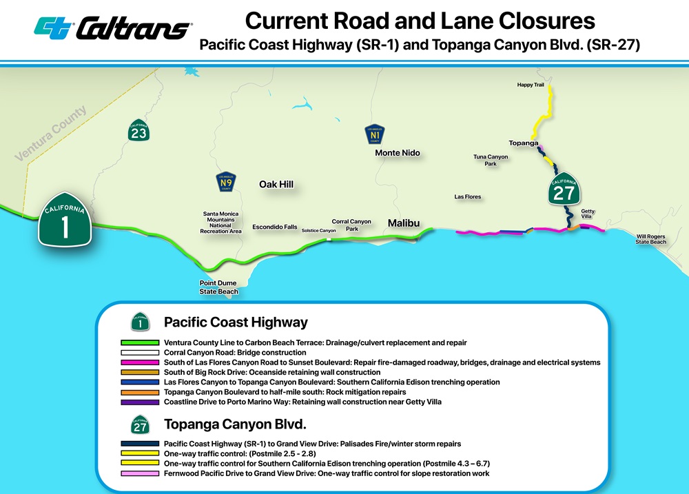 MAP OF CURRENT PALISADES FIRE AND EMERGENCY WORK LANE CLOSURES FOR Oct. 20-26