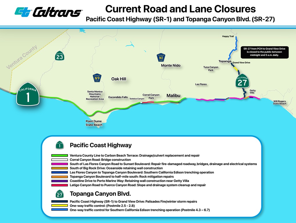 This image shows a map of current lane closures for emergency work on State Route 1/Pacific Coast Highway and State Route 27/Topanga Canyon Boulevard.