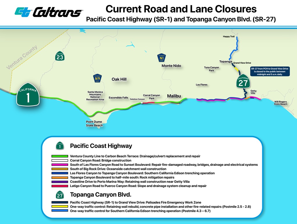 A map showing emergency work and possible lane closures on Pacific Coast Highway and Topanga Canyon Boulevard due to the Palisades Fire. Updated February 2026.