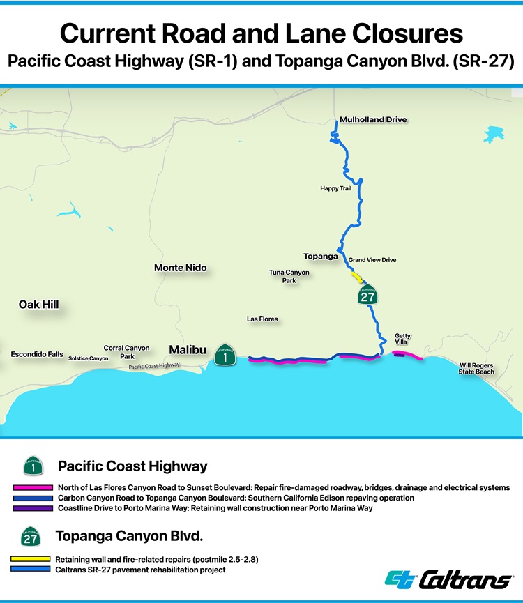 A map showing active projects on PCH and SR-27 in the Palisades Fire recovery zone, as of June 2026.