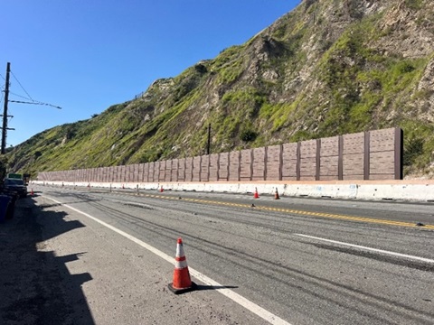 The completed catchment wall is shown in February 2026. It was damaged in the 2025 Palisades Fire.