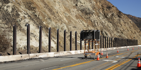 The Palisades Fire-damaged catchment wall on PCH south of Big Rock Drive is shown in January 2025.
