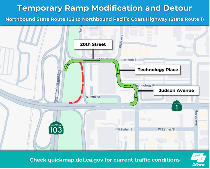 Map of temporary ramp modification and detour on pacific coast highway