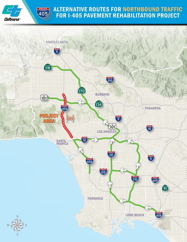 Transit map of Northbound Interstate 405 alternate routes
