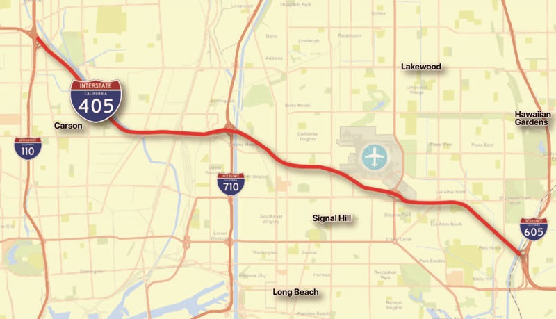 A map of project limits for the Interstate 405 Pavement Rehabilitation Project between Orange County/ Los Angeles County Line to I-405/ Interstate 110 (I-110) interchange.