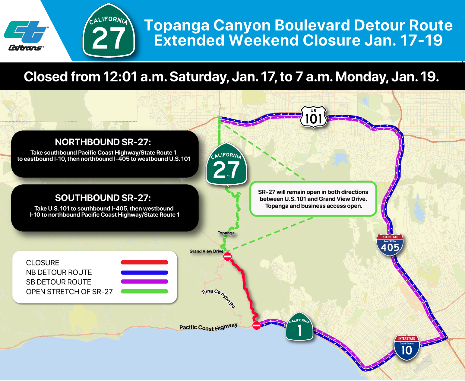 A detour map for the Jan. 17-19 extended weekend closure of Topanga Canyon Boulevard from PCH to Grand View Drive, showing an alternative route utilizing U.S. 101, Interstate 405, Interstate 10 and Pacific Coast Highway/State Route 1.