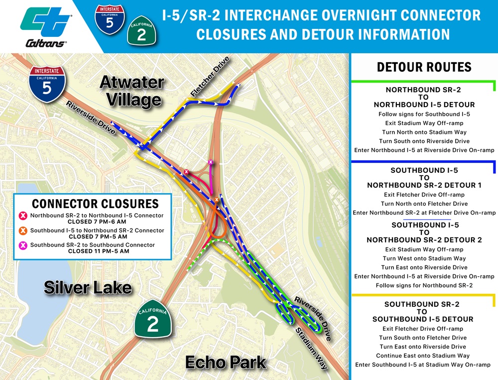 A map of I-5/SR-2 Interchange Overnight Connector Closures and Detour Information