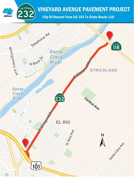 Map of Vineyard Avenue Pavement Project in City of Oxnard