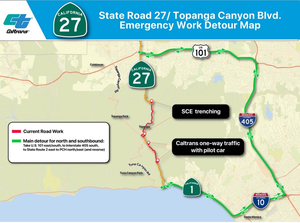 Map of state road 27/ Topanga Canyon Boulevard Emergency Work Detour Map