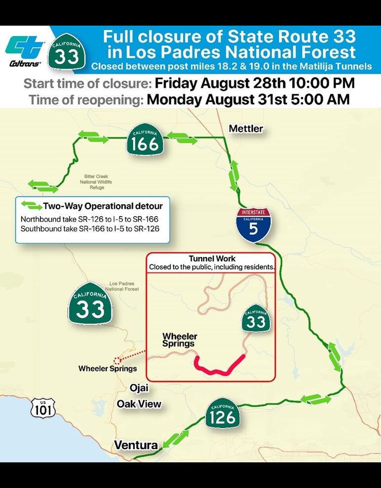 A map showing a detour route using SR-126, I-5 and SR-166 for the full closure of SR-33 north of Ojai.