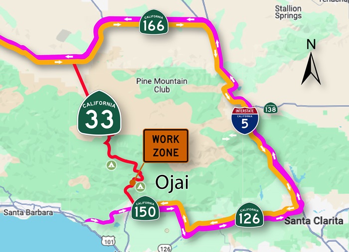 Detour map of State Route 33 North Fork Matilija Creek Bridge Roadway Safety Improvement 