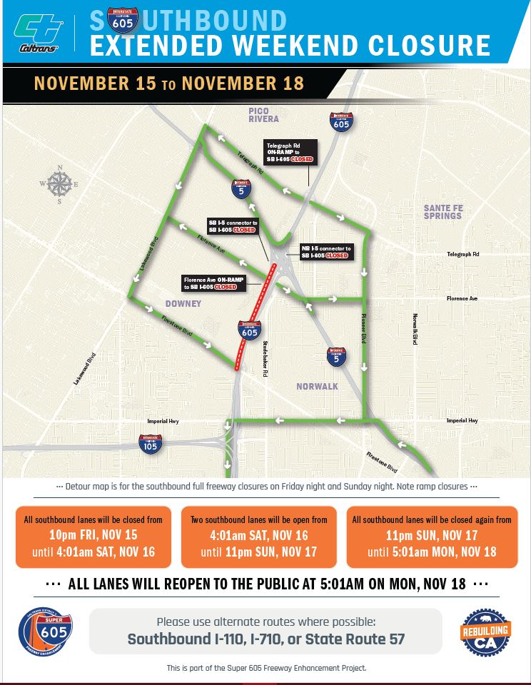 Southbound I-605 Extended Weekend Lane Closures MAP