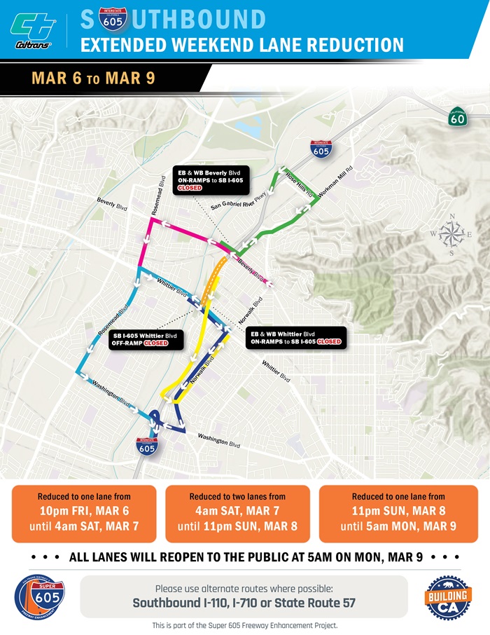 Map of weekend lane reductions on South Bound Interstate 605 in Whittier, California