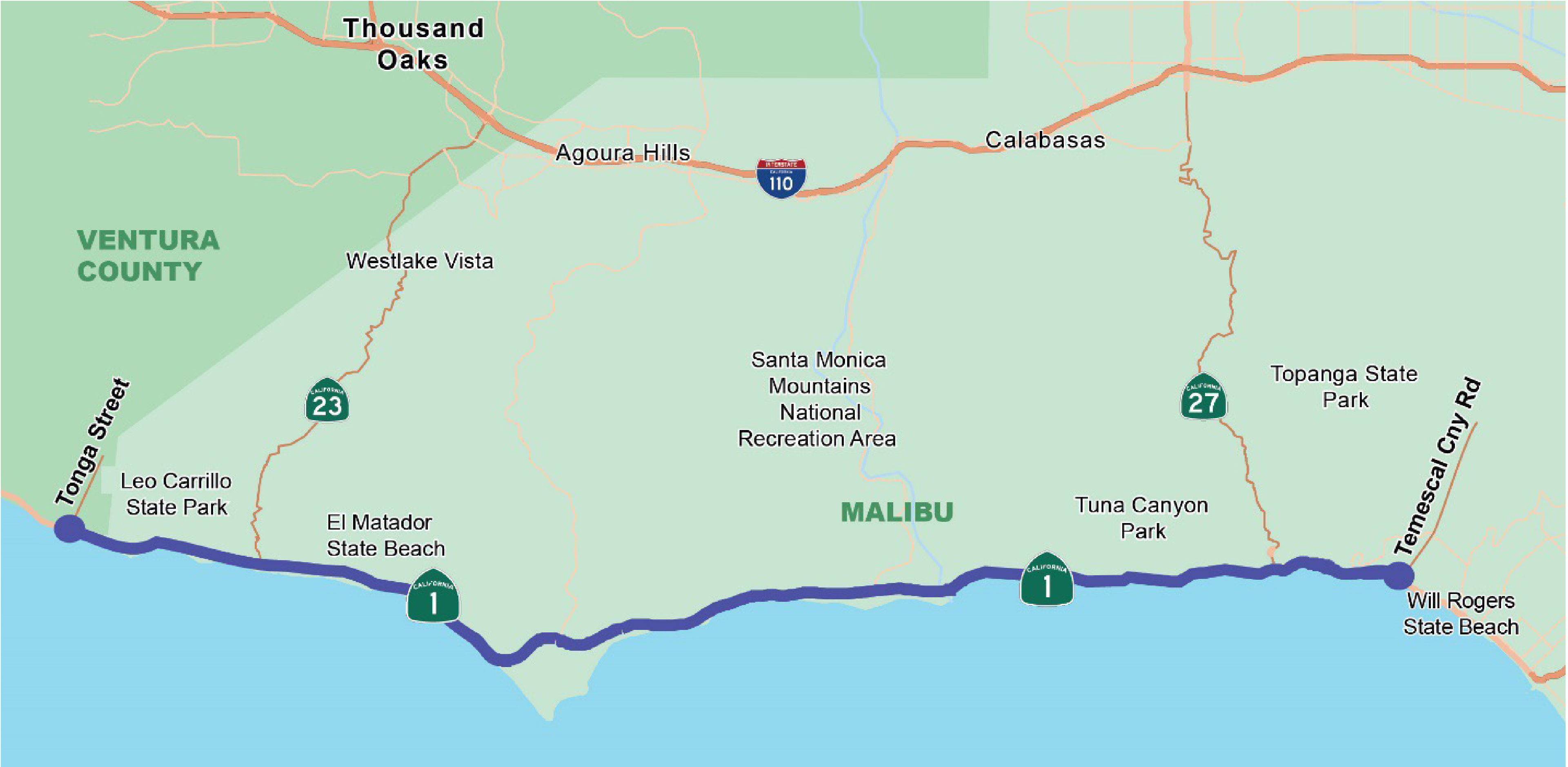 Temescal Canyon Road in Malibu to Tonga Street in Ventura County Map