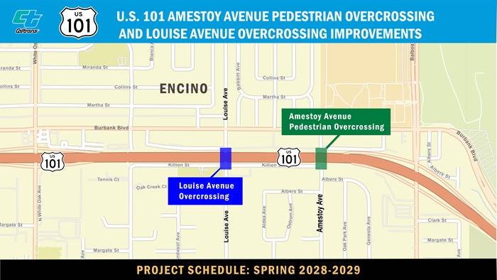 A map of the project area in the Encino neighborhood of Los Angeles, with a blue mark indicating the Louise Avenue Overcrossing and a green mark indicating the Amestoy Avenue Pedestrian Overcrossing