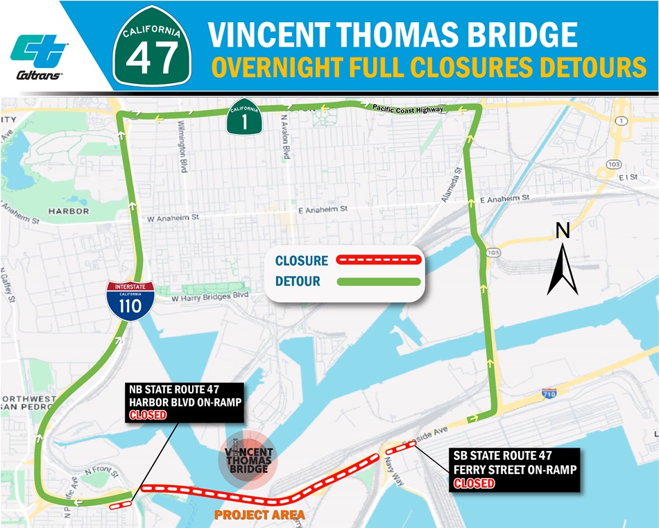 Map of Vincent Thomas Bridge road closures and detour routes