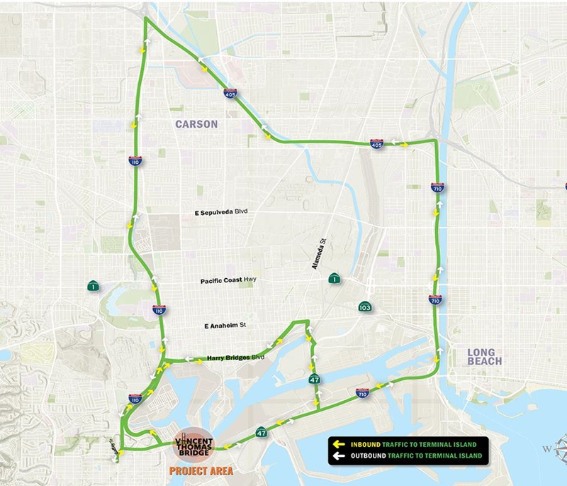 Detour map showing routes around project area of Vincent Thomas bridge project