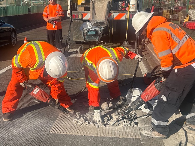 Caltrans crews complete a pothole repair on the Vincent Thomas Bridge on Jan. 15, 2026.