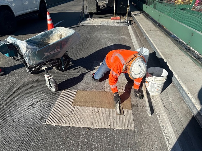 Caltrans crews complete a pothole repair on the Vincent Thomas Bridge on Jan. 15, 2026.