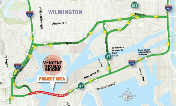 Map of Vincent Thomas Bridge closure detour route