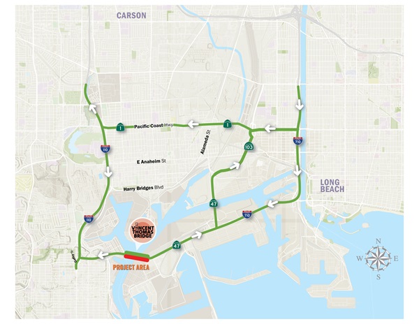 Map of Vincent Thomas Bridge area showing the detour route for westbound overnight closures