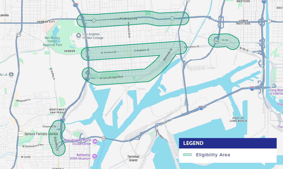 Map showing eligibility areas for the VTB Deck Replacement Project residential air purifier program. Green shaded and outlined zones indicate neighborhoods eligible for the program.