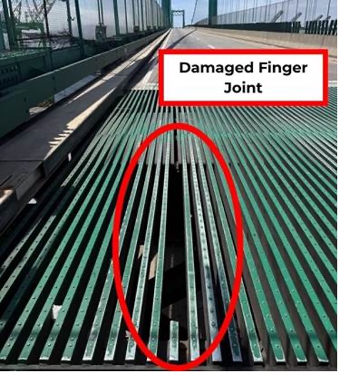 Photograph of damaged finger joint on Vincent Thomas Bridge