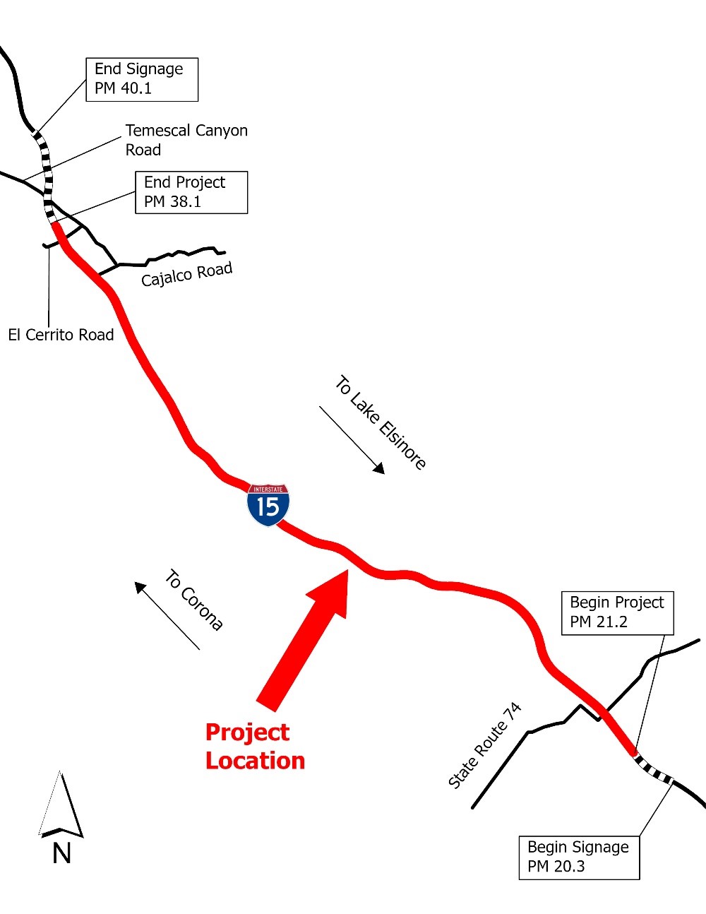Map showing the project limits along I-15 in Riverside County as follows: the advanced signage and striping would be present from PM 20.3 to PM 21.2, and from PM 38.1 to PM 40.1; and the express lane improvements would occur from PM 21.2 (SR-74/Central Ave) to PM 38.1 (El Cerrito Road).