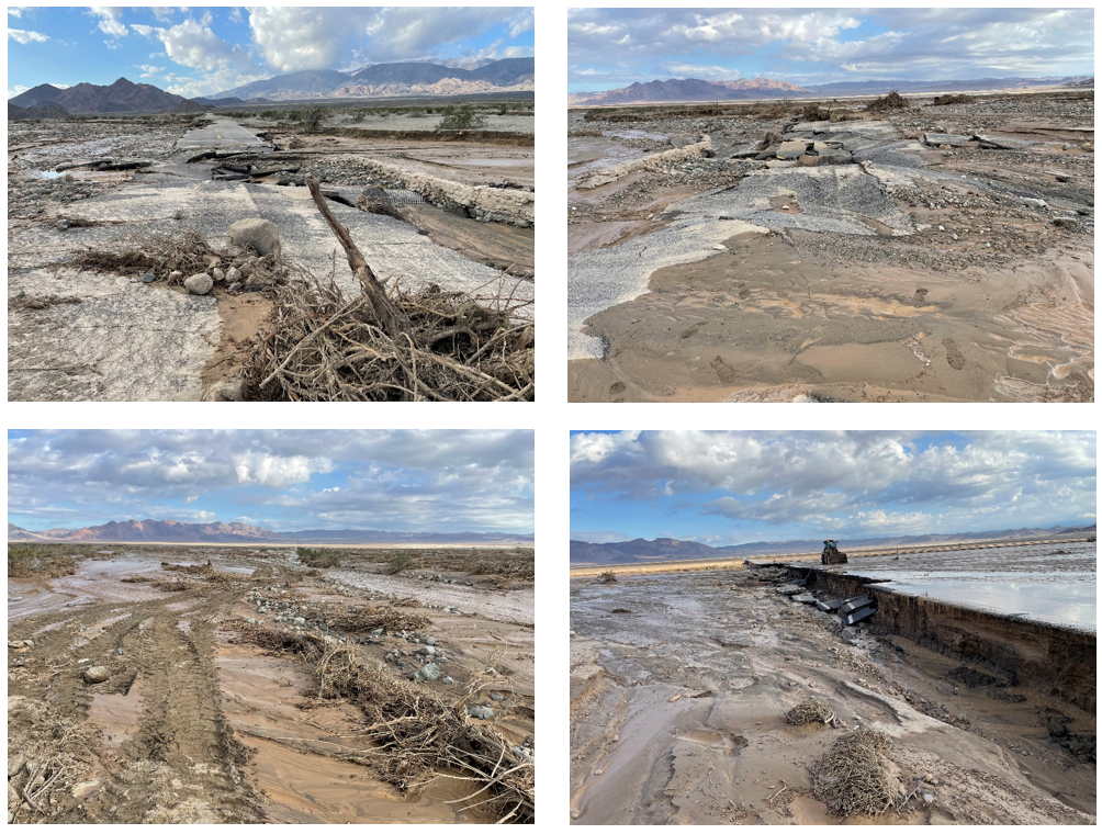 Four images showing a road that has large mud and dirt piles, along with large undermined in the roadway.