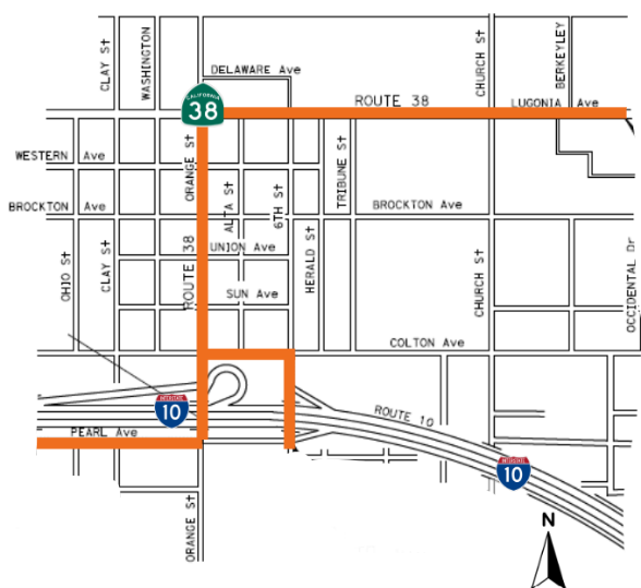 Map delineation in orange of pavement rehabilitation work location on State Route 38 starting at the Interstate 10 Separation to Occidental Drive. Work will also occur on the SR-38 spur at the intersection of Pearl Avenue and Eureka Street to the SR-38 I-10 Separation. 