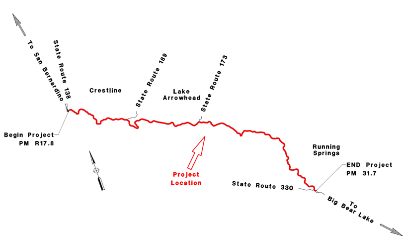 Horizontal road map that dictates route 18. The work zone is highlighted in red.