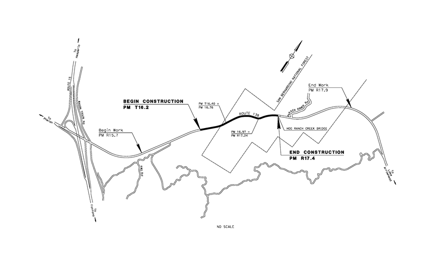 Map of project area. Project begins construction about a mile east of Wagon Train Road and the I-15/SR-138 interchange up to Hog Ranch Creek Bridge. Includes callouts for "Begin Work" at PM R15.7, "Begin Construction" at PM T16.2, "End Construction" at PM R17.4, and "End Work" at PM R17.9.