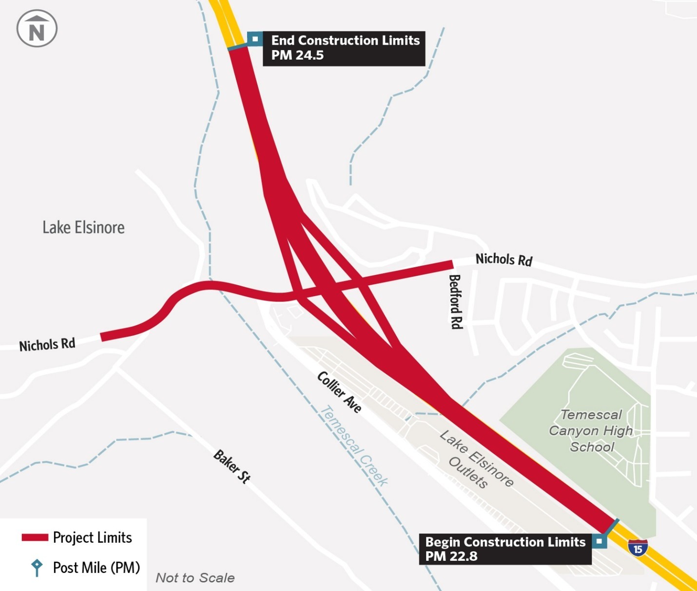Map showing Project location along Interstate 15, including construction limits.