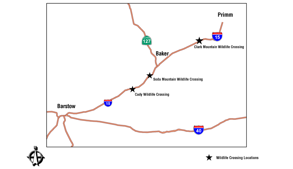 Map of Interstate 15 Wildlife Crossings Project. Please Contact 909-383-4657 or email D8_1N590_Questions@dot.ca.gov for Questions.