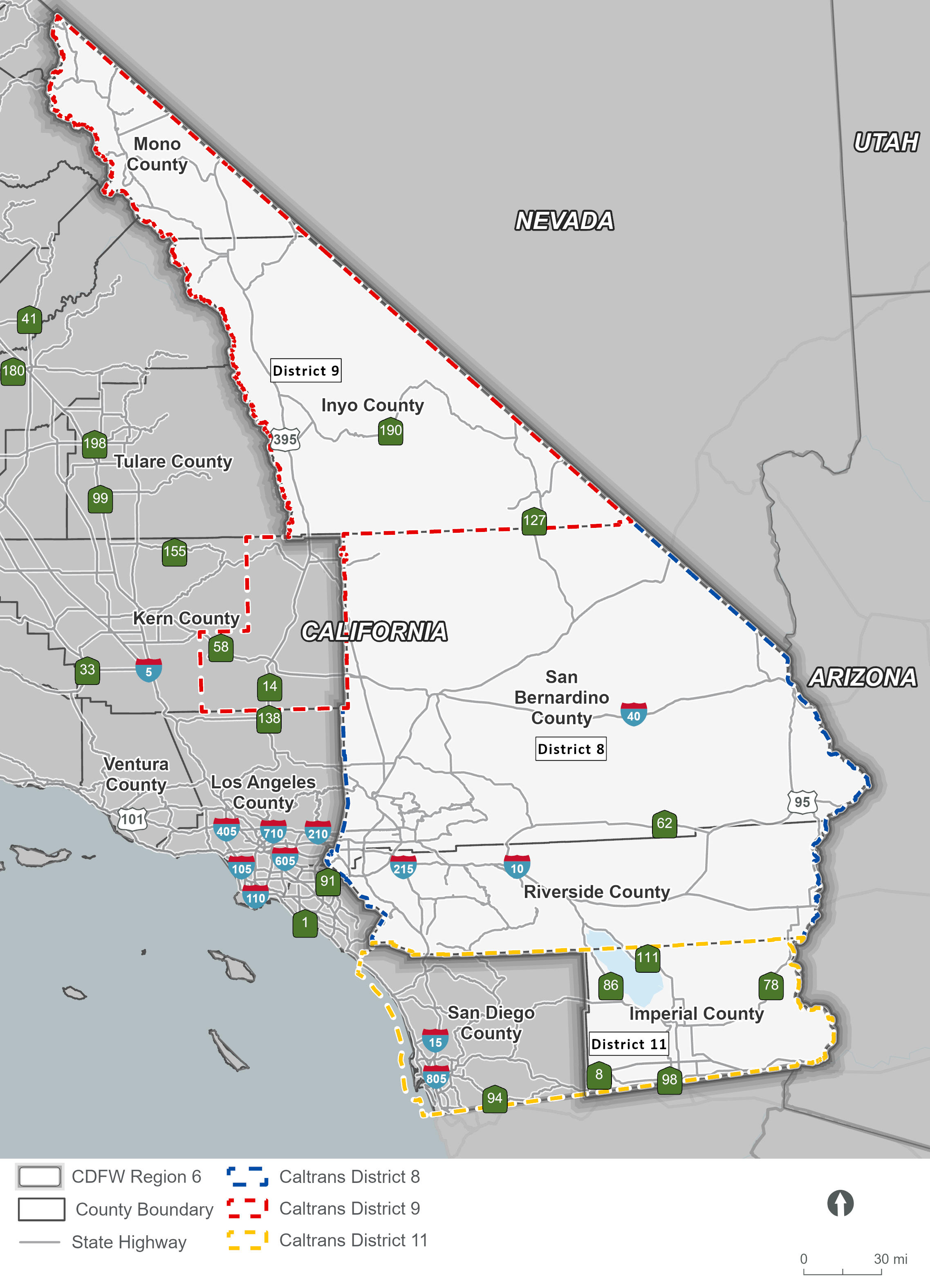 Map of California showing the boundary of California Department of Fish and Wildlife Region 6 and its relationship to county and district boundaries. Region 6 encompasses the eastern portion of the state along the Nevada border and extends south to the Imperial County area. County boundaries and names are labeled, including Mono, Inyo, San Bernardino, Riverside, Imperial, Kern, Los Angeles, Orange, San Diego, Ventura, and Tulare counties. Major highways are identified by route number. Wildlife district boundaries labeled Districts 8, 9, and 11 are shown within the region. Adjacent states of Nevada and Arizona are labeled, and a portion of the Pacific coastline is visible. A legend identifies the Region 6 boundary, and the map includes a north arrow and scale bar.