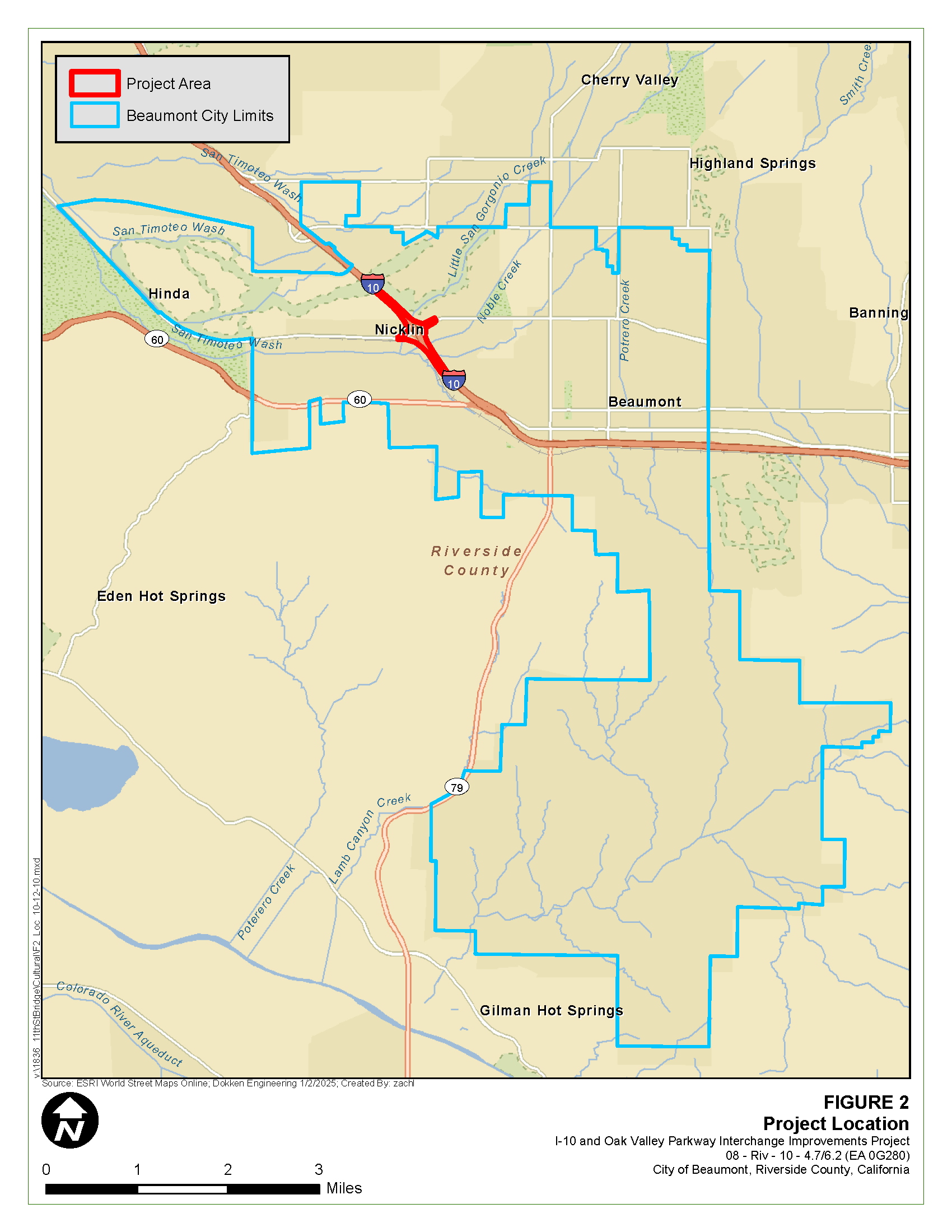 Map showing project’s location along Oak Valley Parkway and Interstate 10 in the northwest quadrant of the City of Beaumont’s city limits. The full extent of the City of Beaumont’s limits are shown on the map. Within the project area, Interstate 10 is running northwest to southeast direction, and just south of the project Interstate 10 intersects with State Route 60. From there, Interstate 10 then transitions to an east-west direction and intersects State Route 79 further east. The map also shows Little San Gorgonio Creek and Noble Creek/Sam Timoteo Wash crossing under Interstate 10 within the Project area. The map’s cardinal direction is oriented with north being the top of the figure.