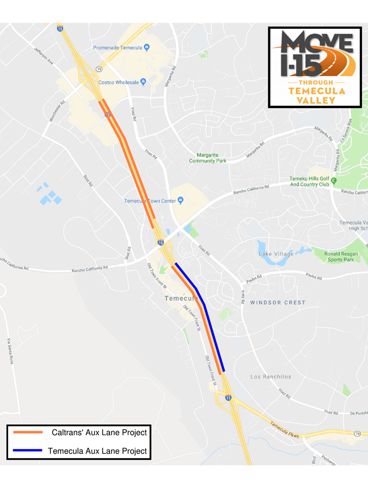 Arial map of the I-15 in the Temecula area. Project work zone highlights the auxiliary lanes on the I-15 freeway in blue and concrete barriers in Orange. The blue and orange line run in a vertical direction, between Temecula Parkway and Winchester Road.