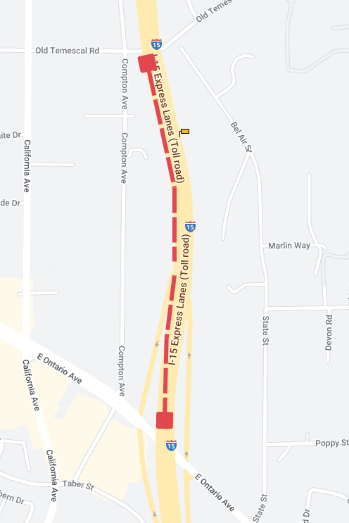 Map of the 15 freeway with a red dotted line running vertically to indicate the work zone from Old Temescal Road to Ontario Ave going southbound on the interstate.