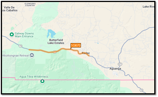Google map overview of project site. Shows where highway 79 project location in Aguanga, highlighted in orange. 