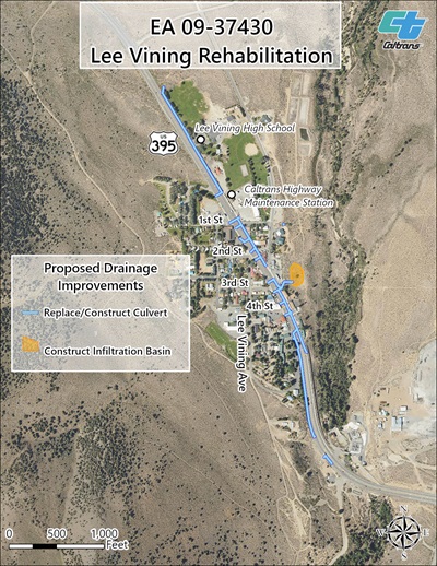Map of drainage improvements within Lee Vining Rehab