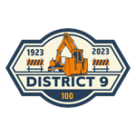A logo for the 100 year anniversary of District 9. It includes an imagine of an excavator,  road guards, and the years 1923 and 2023.