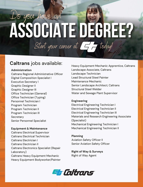 A list of Caltrans positions a person with an associate degree would qualify for.