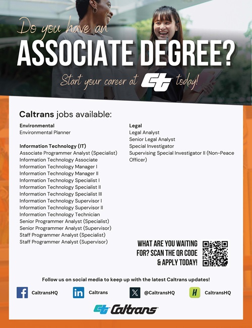 A list of more Caltrans positions a person with an associate degree would qualify for.